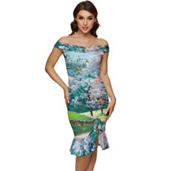 Anime Scenery Landscape Off Shoulder Ruffle Split Hem Bodycon Dress by Sarkoni