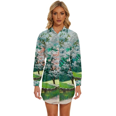 Anime Scenery Landscape Womens Long Sleeve Shirt Dress by Sarkoni