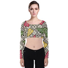 Leaves Foliage Batik Seamless Velvet Long Sleeve Crop Top by Sarkoni