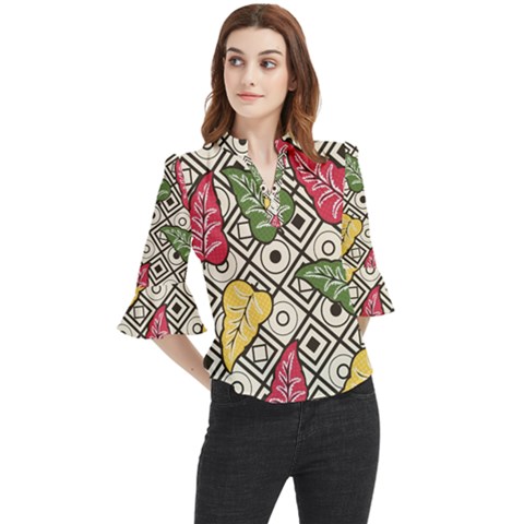 Leaves Foliage Batik Seamless Loose Horn Sleeve Chiffon Blouse by Sarkoni