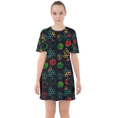 Apples Honey Honeycombs Pattern Sixties Short Sleeve Mini Dress by Sarkoni