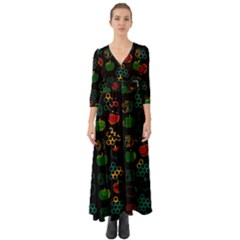 Apples Honey Honeycombs Pattern Button Up Boho Maxi Dress by Sarkoni