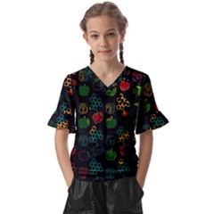 Apples Honey Honeycombs Pattern Kids  V-neck Horn Sleeve Blouse by Sarkoni