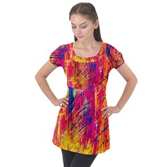 Abstract Design Calorful Puff Sleeve Tunic Top by nateshop