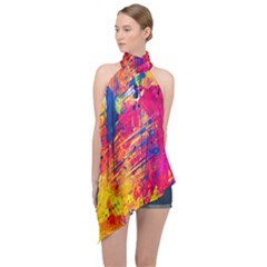 Abstract Design Calorful Halter Asymmetric Satin Top by nateshop