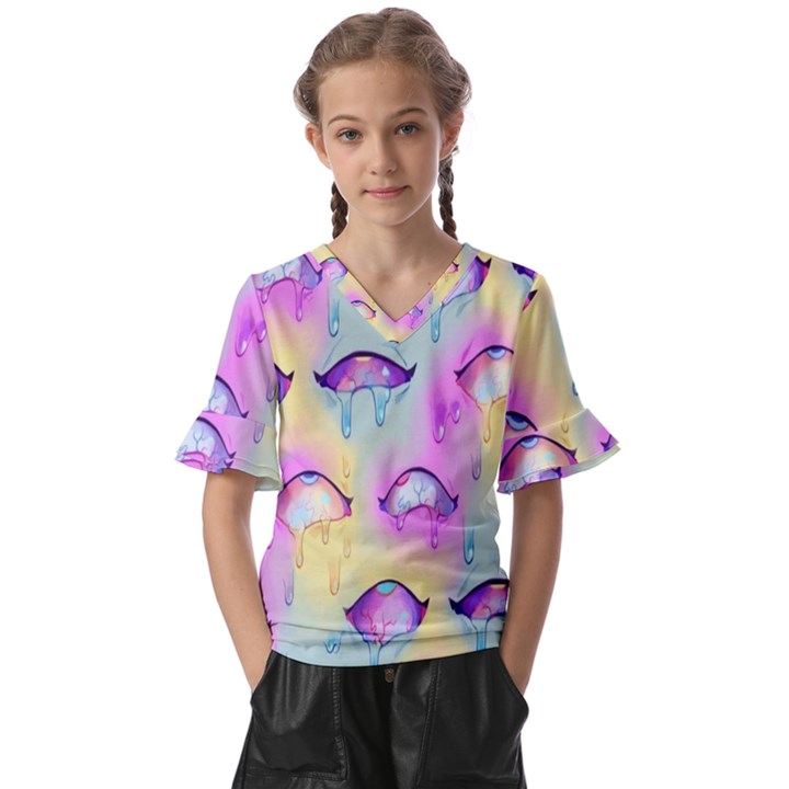 Ahegao, Anime, Pink Kids  V-Neck Horn Sleeve Blouse