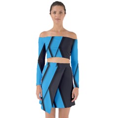 Blue Black Abstract Background, Geometric Background Off Shoulder Top With Skirt Set by nateshop