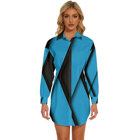 Blue Black Abstract Background, Geometric Background Womens Long Sleeve Shirt Dress by nateshop