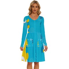 Blue Yellow Abstraction, Creative Backgroun Long Sleeve Dress With Pocket by nateshop