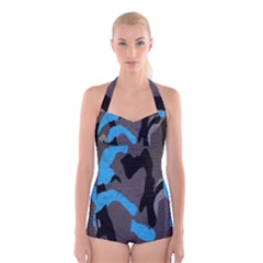 Blue, Abstract, Black, Desenho, Grey Shapes, Texture Boyleg Halter Swimsuit  by nateshop