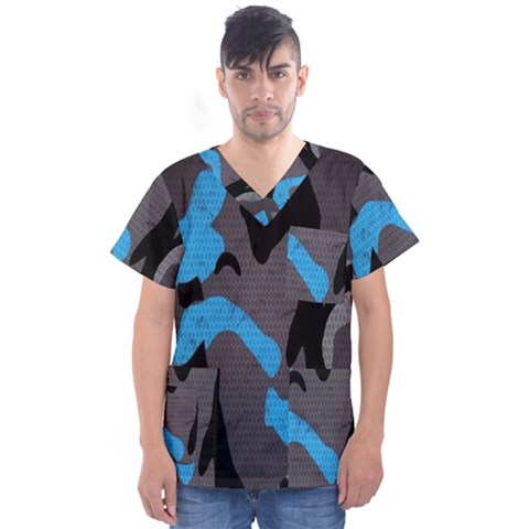 Blue, Abstract, Black, Desenho, Grey Shapes, Texture Men s V-neck Scrub Top by nateshop