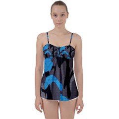 Blue, Abstract, Black, Desenho, Grey Shapes, Texture Babydoll Tankini Top