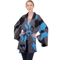 Blue, Abstract, Black, Desenho, Grey Shapes, Texture Long Sleeve Velvet Kimono  by nateshop