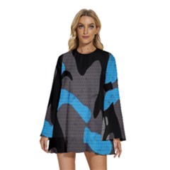 Blue, Abstract, Black, Desenho, Grey Shapes, Texture Round Neck Long Sleeve Bohemian Style Chiffon Mini Dress by nateshop