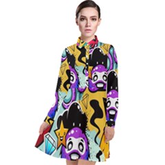 Cartoon Graffiti, Art, Black, Colorful, Wallpaper Long Sleeve Chiffon Shirt Dress by nateshop