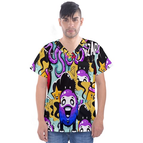 Cartoon Graffiti, Art, Black, Colorful, Wallpaper Men s V-neck Scrub Top by nateshop