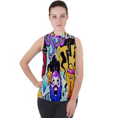 Cartoon Graffiti, Art, Black, Colorful, Wallpaper Mock Neck Chiffon Sleeveless Top by nateshop