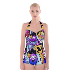 Cartoon Graffiti, Art, Black, Colorful, Wallpaper Boyleg Halter Swimsuit  by nateshop