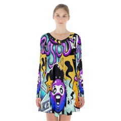 Cartoon Graffiti, Art, Black, Colorful, Wallpaper Long Sleeve Velvet V-neck Dress