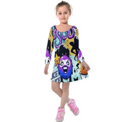 Cartoon Graffiti, Art, Black, Colorful, Wallpaper Kids  Long Sleeve Velvet Dress by nateshop