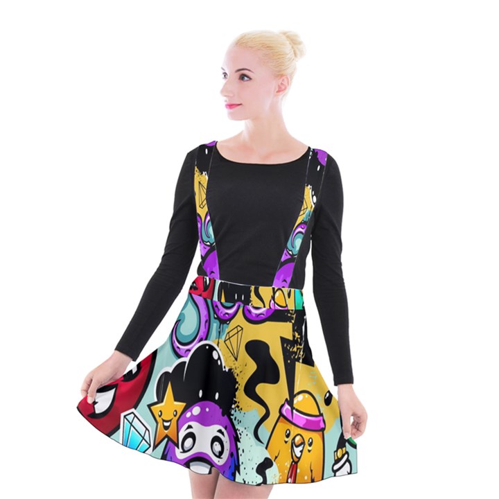 Cartoon Graffiti, Art, Black, Colorful, Wallpaper Suspender Skater Skirt