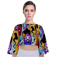 Cartoon Graffiti, Art, Black, Colorful, Wallpaper Tie Back Butterfly Sleeve Chiffon Top by nateshop