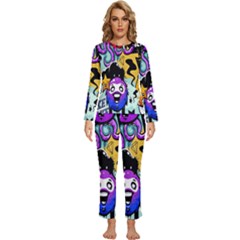 Cartoon Graffiti, Art, Black, Colorful, Wallpaper Womens  Long Sleeve Lightweight Pajamas Set by nateshop