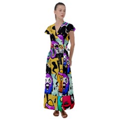 Cartoon Graffiti, Art, Black, Colorful, Wallpaper Flutter Sleeve Maxi Dress by nateshop