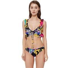 Cartoon Graffiti, Art, Black, Colorful, Wallpaper Low Cut Ruffle Edge Bikini Set