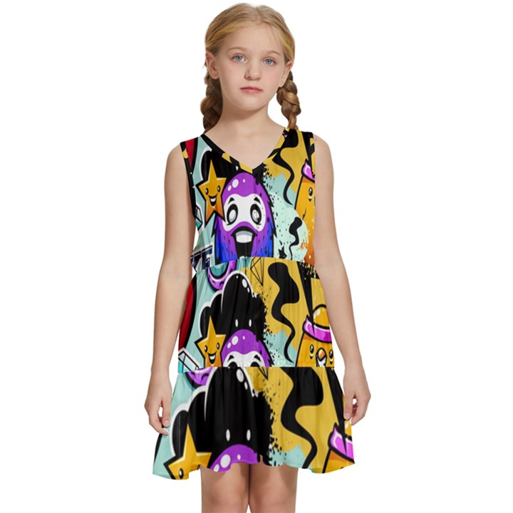 Cartoon Graffiti, Art, Black, Colorful, Wallpaper Kids  Sleeveless Tiered Mini Dress