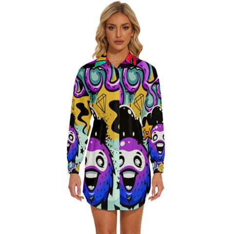 Cartoon Graffiti, Art, Black, Colorful, Wallpaper Womens Long Sleeve Shirt Dress by nateshop