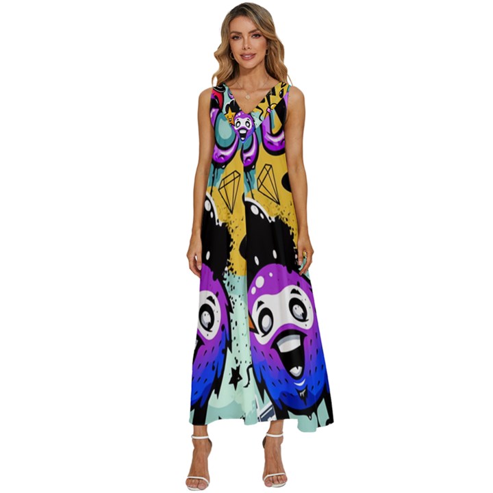 Cartoon Graffiti, Art, Black, Colorful, Wallpaper V-Neck Sleeveless Loose Fit Overalls