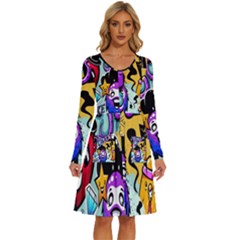 Cartoon Graffiti, Art, Black, Colorful, Wallpaper Long Sleeve Dress With Pocket by nateshop