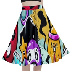 Cartoon Graffiti, Art, Black, Colorful, Wallpaper A-line Full Circle Midi Skirt With Pocket by nateshop