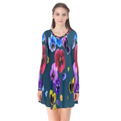 Falling Flowers, Art, Coffee Cup, Colorful, Creative, Cup Long Sleeve V-neck Flare Dress by nateshop