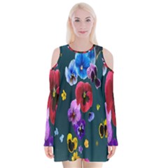 Falling Flowers, Art, Coffee Cup, Colorful, Creative, Cup Velvet Long Sleeve Shoulder Cutout Dress by nateshop