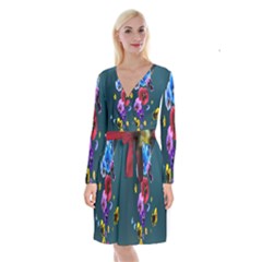 Falling Flowers, Art, Coffee Cup, Colorful, Creative, Cup Long Sleeve Velvet Front Wrap Dress by nateshop