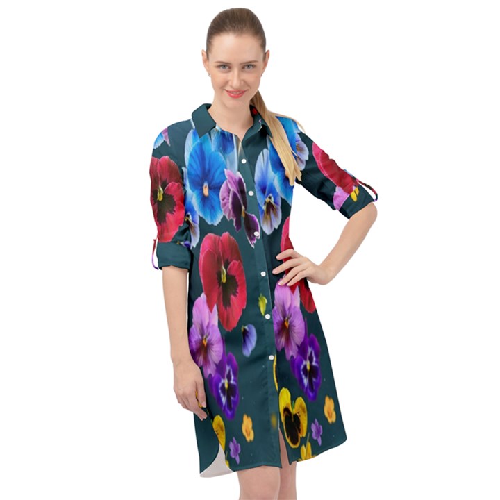 Falling Flowers, Art, Coffee Cup, Colorful, Creative, Cup Long Sleeve Mini Shirt Dress