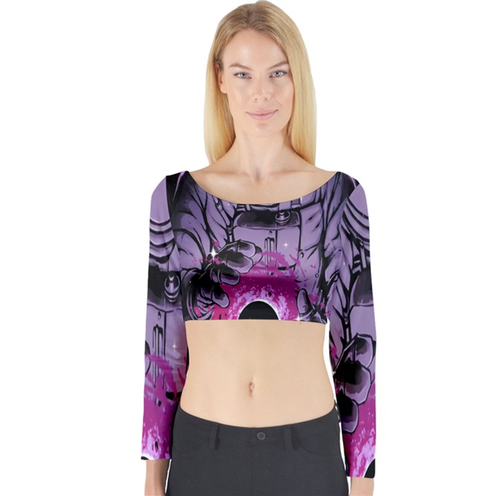 Fingerprint Astro, Amoled, Astronaut, Black, Dark, Oled Long Sleeve Crop Top