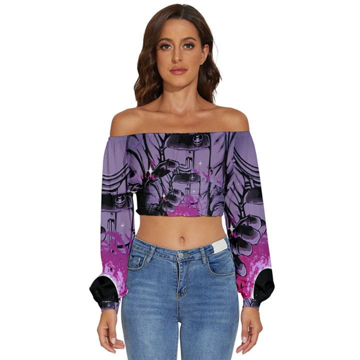 Fingerprint Astro, Amoled, Astronaut, Black, Dark, Oled Long Sleeve Crinkled Weave Crop Top