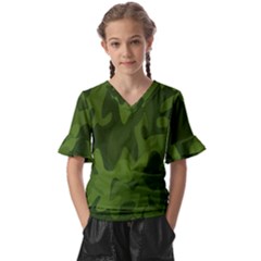 Green Camouflage, Camouflage Backgrounds, Green Fabric Kids  V-neck Horn Sleeve Blouse by nateshop