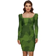 Green Camouflage, Camouflage Backgrounds, Green Fabric Women Long Sleeve Ruched Stretch Jersey Dress by nateshop