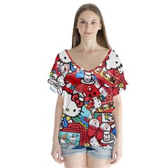 Hello-kitty-61 V-neck Flutter Sleeve Top by nateshop