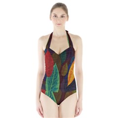 Leaves, Colorful, Desenho, Falling, Halter Swimsuit by nateshop