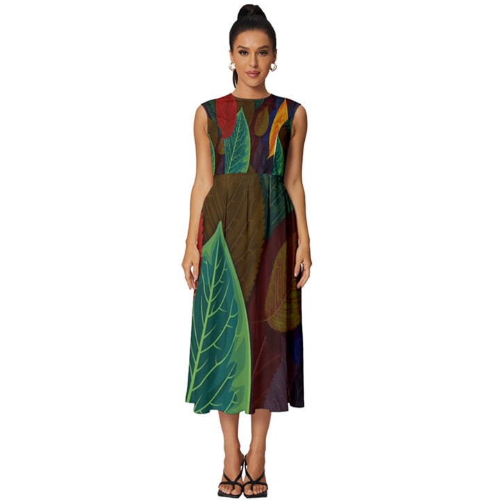 Leaves, Colorful, Desenho, Falling, Sleeveless Round Neck Midi Dress