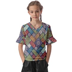 Mandala Pattern Abstract , Mandala, Pattern, Abstract Kids  V-neck Horn Sleeve Blouse by nateshop