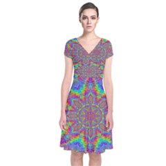 Mandala, Pattern, Abstraction, Colorful, Hd Phone Short Sleeve Front Wrap Dress by nateshop