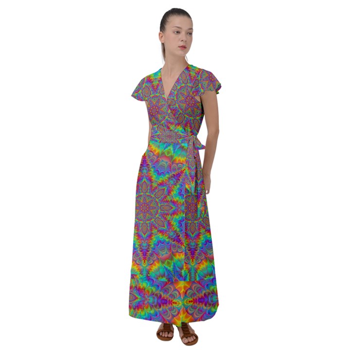 Mandala, Pattern, Abstraction, Colorful, Hd Phone Flutter Sleeve Maxi Dress