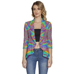 Mandala, Pattern, Abstraction, Colorful, Hd Phone Women s 3/4 Sleeve Ruffle Edge Open Front Jacket