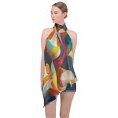 Pattern Calorful Halter Asymmetric Satin Top by nateshop